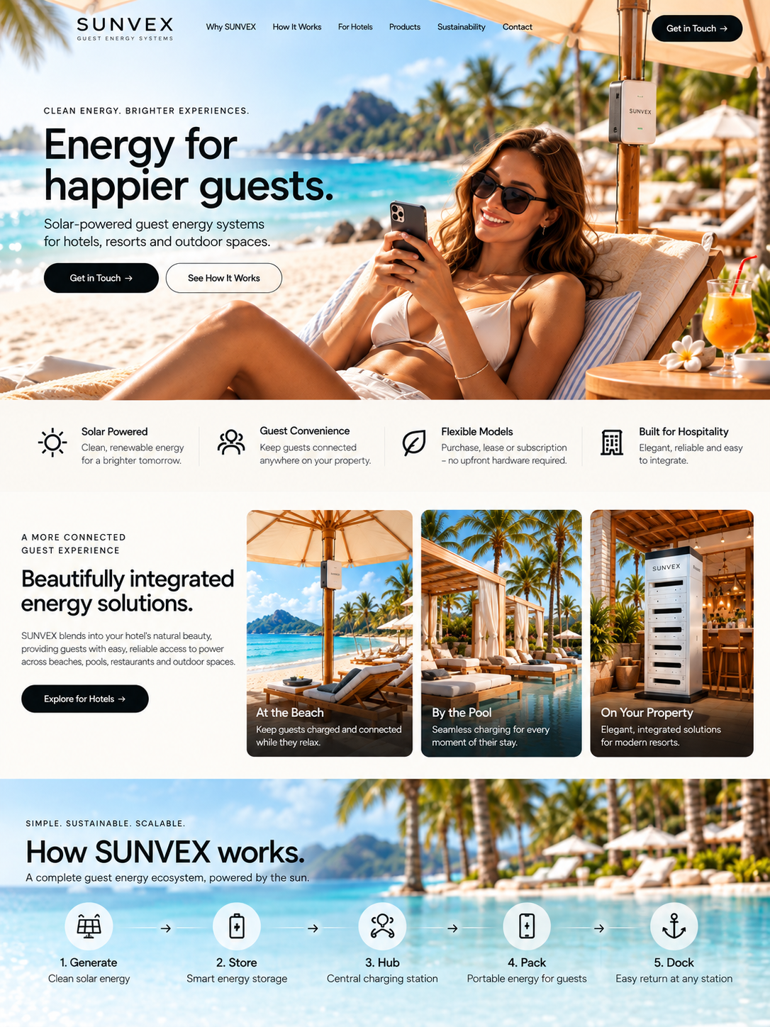 SUNVEX. Clean energy, brighter experiences. Energy for happier guests. Solar-powered guest energy systems for hotels, resorts and outdoor spaces. Solar powered, guest convenience, flexible models, built for hospitality. Beautifully integrated energy solutions at the beach, by the pool and on your property. How SUNVEX works: generate, store, hub, pack, dock.